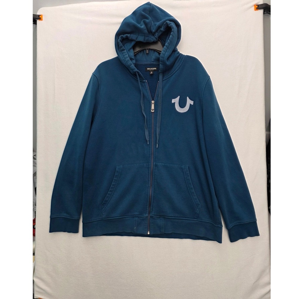True Religion Multiply Zip Up Hoodie Large Blue Cotton Blend Streetwear Y2K Logo